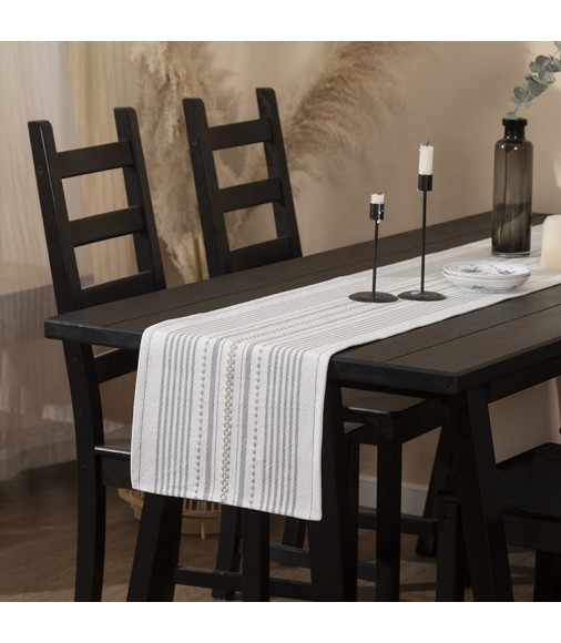 Hot Selling High Quality Plain Gray And White Machine Woven Strip Dining Table Runner For Wedding Restaurant 