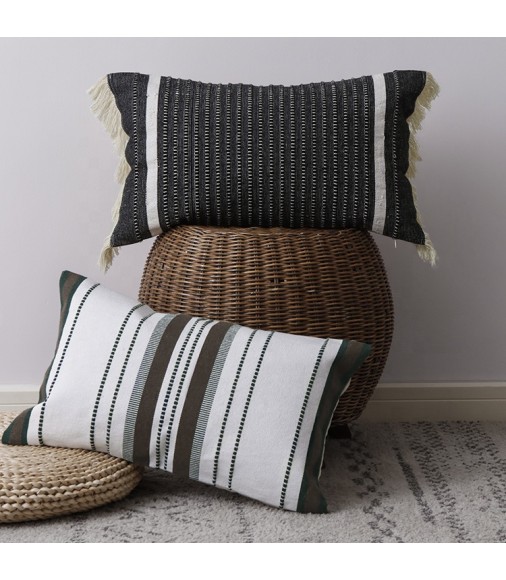 New Arrivals Home Decor Rustic Farmhouse Living Room Sofa Chair Basic Black Woven Jacquard Stripe Decorative Pillow Cover 