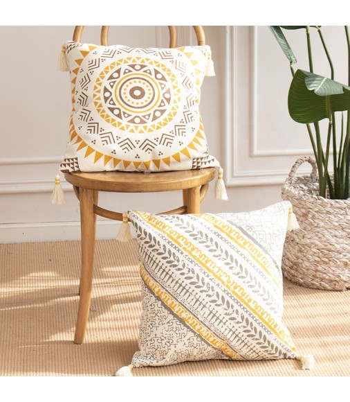 Modern Wholesale Printed Leafs Boho Macrame Pillow Covers Woven Handmade Tassel Home Decor Cushion Cover 2022 