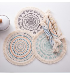 Hot Selling Modern Boho Farmhouse Printed Cotton Woven Placemats Round Placemat Set Wedding Printed Dining Table Placemats 