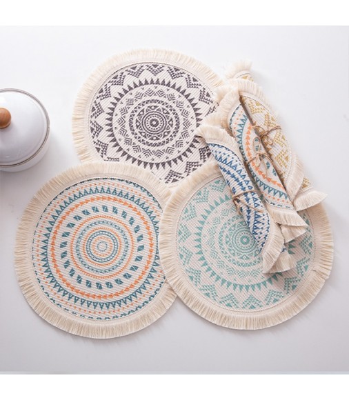 Hot Selling Modern Boho Farmhouse Printed Cotton Woven Placemats Round Placemat Set Wedding Printed Dining Table Placemats 