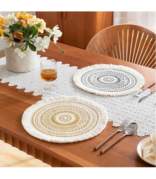 High Quality Printed Farmhouse Boho Adult Party Fringe Dining Table Mat Sets Bohemian Natural Round Cotton Woven Table Placemats 