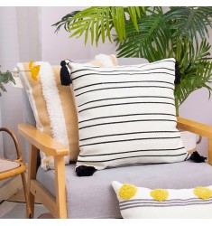 Custom Black And White Striped Boho Style Printing Woven Handmade Tassel Cushion Cover Pillow Covers 