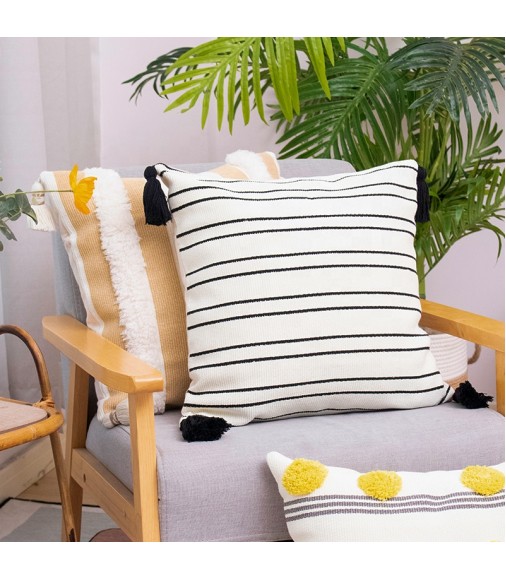 Custom Black And White Striped Boho Style Printing Woven Handmade Tassel Cushion Cover Pillow Covers 