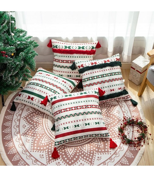 New Modern Designer Christmas Decoration Cotton Woven Cushion Cover Printing Red Green Geometric Pillow Cover 