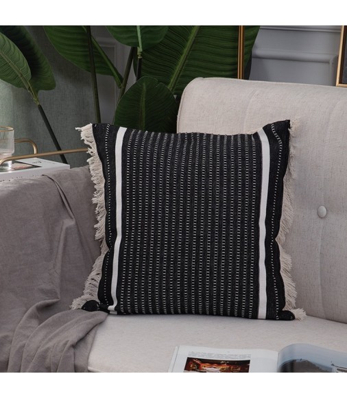 Hot Selling Bohemia Boho Farmhouse Style Black And White Striped Washable Jacquard Woven High Quality Pillow Cover 