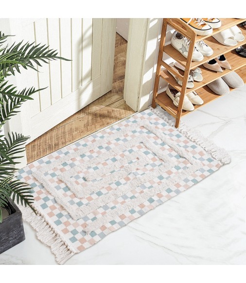 Modern Living Room Home Decor Durable Thick Handmade Tufted Checkered Throw Rugs With Tassel 