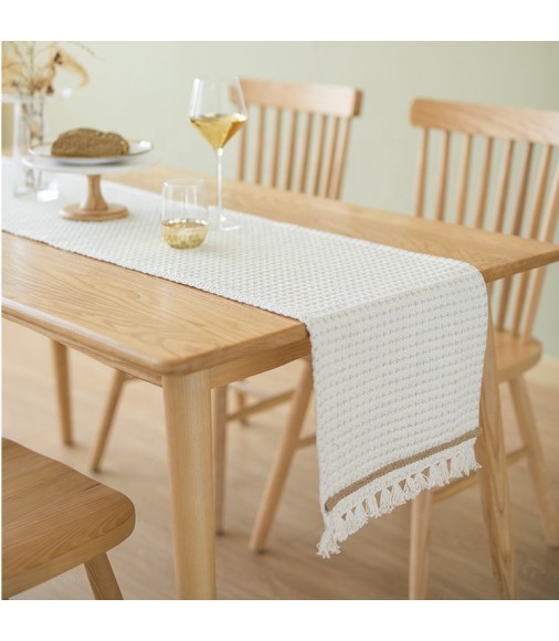 Hot Selling Modern Design Premium Cotton Woven Yarn Dyed Solid Handmade Tassel Jacquard Dining Table Decor Table Runner 