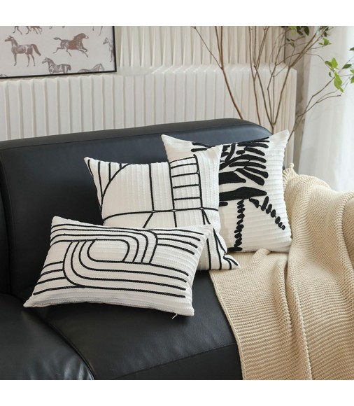 MOCOFO White Cotton Throw Pillow Cover - Decorative Linear Geometric Design