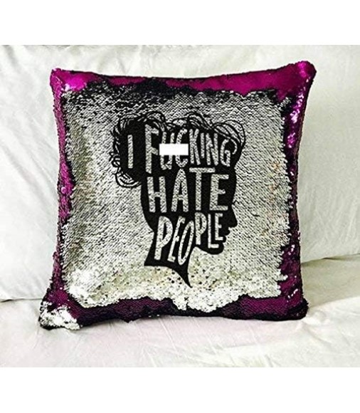 Mocofo Glitter hate red Funny Sequin Pillow Cover – Reversible Color-Changing Decorative Sham