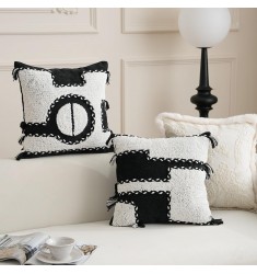 MOCOFO Decorative Velvet Pillow Case - Black White Tufted Throw Pillow Cover