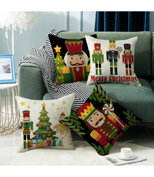 4pcs Christmas Nutcracker Pillow Cover - Linen Print Double-Sided Sofa Cushion 45x45cm