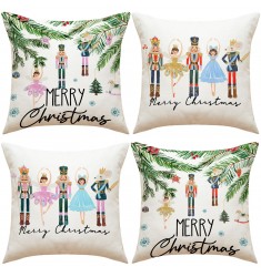 4pcs Nutcracker Christmas Pillow Cover Set - Cartoon Design Linen Square Cushion 45x45cm