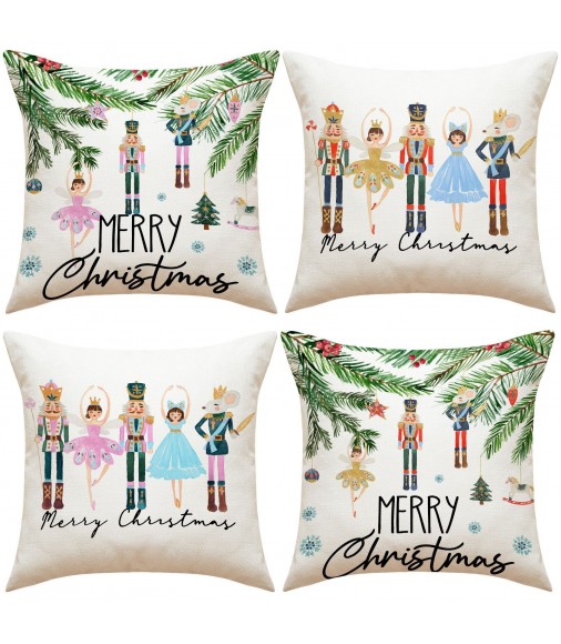 4pcs Nutcracker Christmas Pillow Cover Set - Cartoon Design Linen Square Cushion 45x45cm