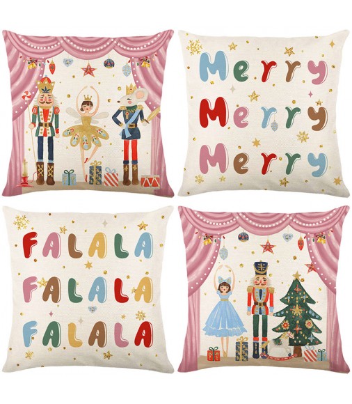 4pcs Christmas Nutcracker Pillow Cover - Cartoon Design Winter Cushion 45x45cm